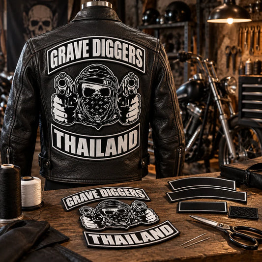 Embroidered Patches option for custom motorcycle club leather jackets.