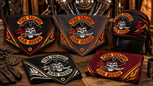 Several folded and worn bandanas in club colorways using a fold-aware layout with the authorized motorcycle club emblem kept visible in real use.