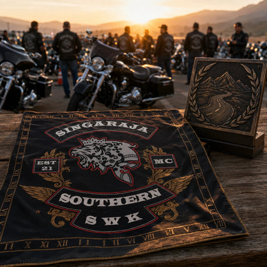 Custom motorcycle club bandana featuring the authorized singaraja mc identity in anniversary run staging area at sunrise, commemorative bandana displayed beside a milestone route plaque.