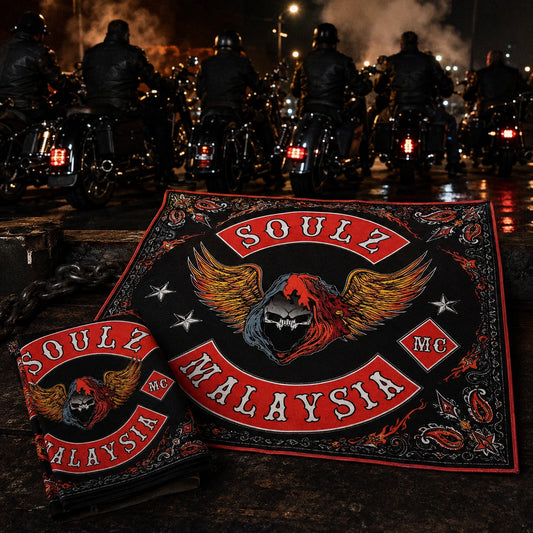 Custom motorcycle club bandana featuring the authorized Soulz MC Malaysia - Soul Bikerz MC Malaysia Original identity in night lineup of riders and motorcycles with a finished bandana matching the club color palette in the foreground.