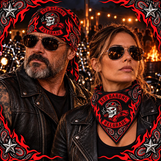 Two members wearing different coordinated folds using a fold-aware layout with the authorized motorcycle club emblem kept visible in real use.