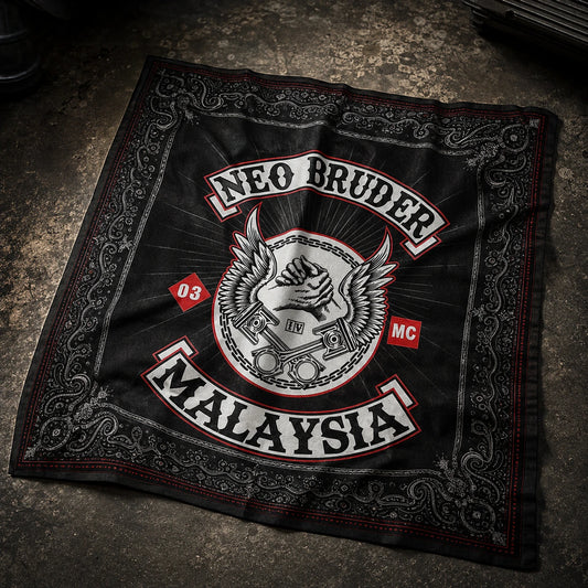 Custom motorcycle club bandana featuring the authorized NEO BRUDER MC identity in close product portrait where the exact club logo is the hero, surrounded by subtle custom textile ornament.