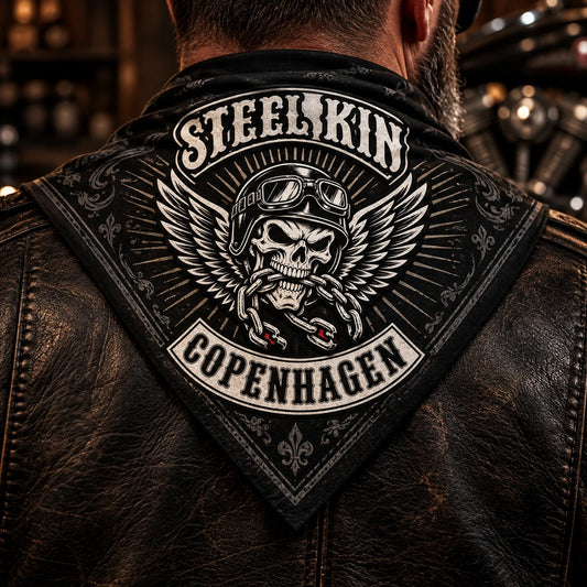 Close-up of one folded corner on a vest or table using a fold-aware layout with the authorized motorcycle club emblem kept visible in real use.