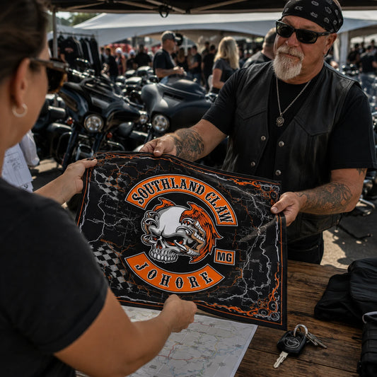 Custom motorcycle club bandana featuring the authorized Southland Claw MG identity in busy outdoor rally registration tent, event bandana being handed to a mature rider among parked baggers.