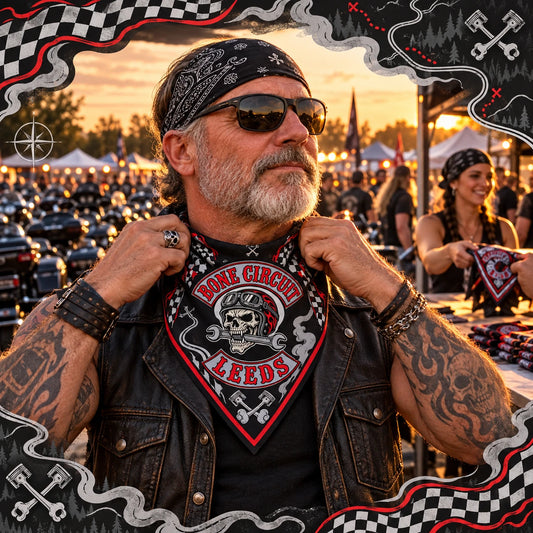 Rider receiving/wearing rally bandana using a fold-aware layout with the authorized motorcycle club emblem kept visible in real use.