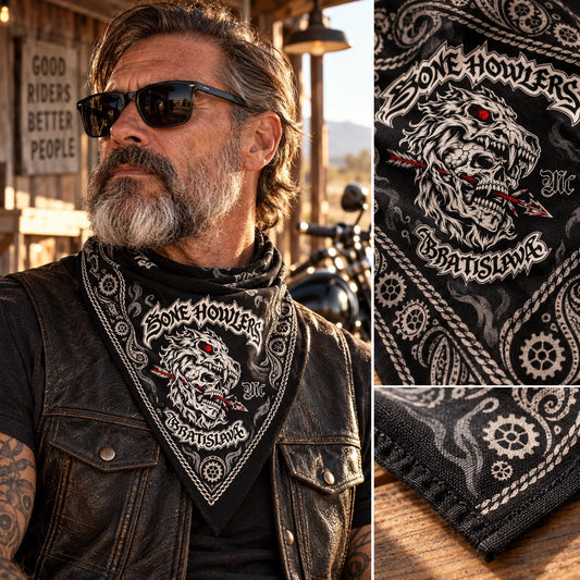 Soft folded cotton around a rider's neck using a fold-aware layout with the authorized motorcycle club emblem kept visible in real use.