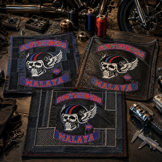 Custom motorcycle club bandana featuring the authorized SOUTHSIDERS MC identity in a material sampling table with several bandana fabric constructions, calipers, thread cones and chrome engine parts.