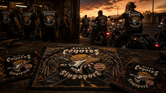 Custom motorcycle club bandana featuring the authorized Street Coyotes Motorcycle Club identity in powerful dusk clubhouse departure scene with diverse mature riders, multiple unbranded V-twin motorcycles and one heroic finished bandana.