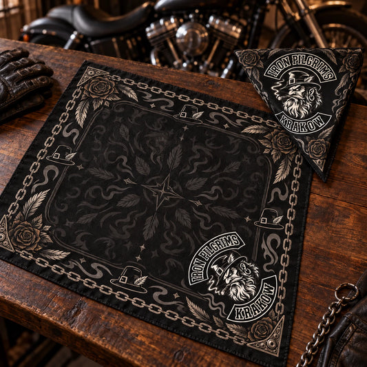 Square motorcycle club bandana with an ornate border and fold-correct corner logo shown beside its triangular folded form.
