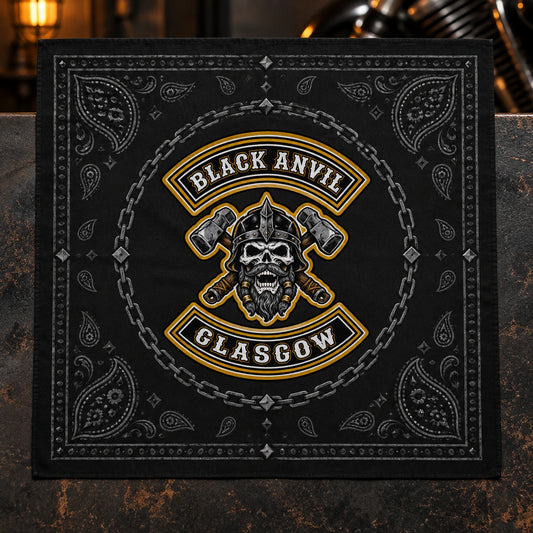 Flat presentation only, explicitly demonstrating the limited center option using a fold-aware layout with the authorized motorcycle club emblem kept visible in real use.