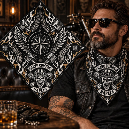 Neck triangle and open square shown together using a fold-aware layout with the authorized motorcycle club emblem kept visible in real use.