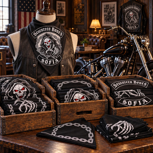 Organized bulk cartons and folded stacks using a fold-aware layout with the authorized motorcycle club emblem kept visible in real use.