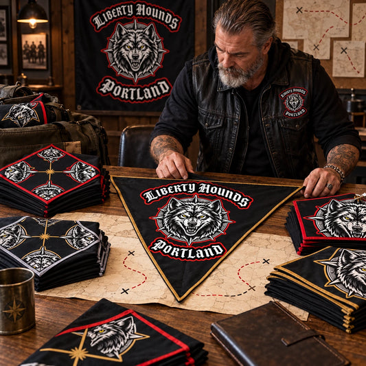 Related designs for several approved chapter variants using a fold-aware layout with the authorized motorcycle club emblem kept visible in real use.