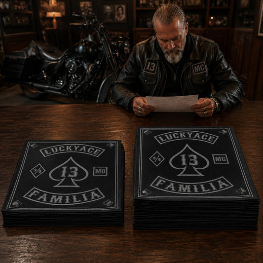 Two order quantities of identical square Luckyace Familia MC bandanas displayed on a walnut motorcycle clubhouse table.