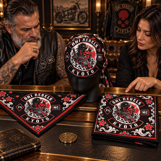 Consultation comparing three layout routes using a fold-aware layout with the authorized motorcycle club emblem kept visible in real use.