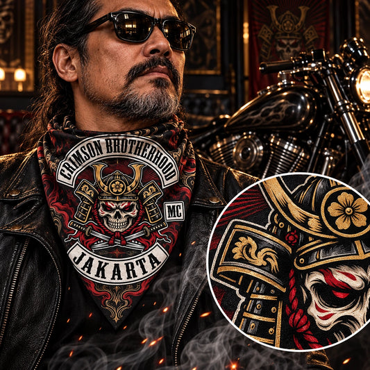 Detailed finished bandana worn loosely at neck using a fold-aware layout with the authorized motorcycle club emblem kept visible in real use.