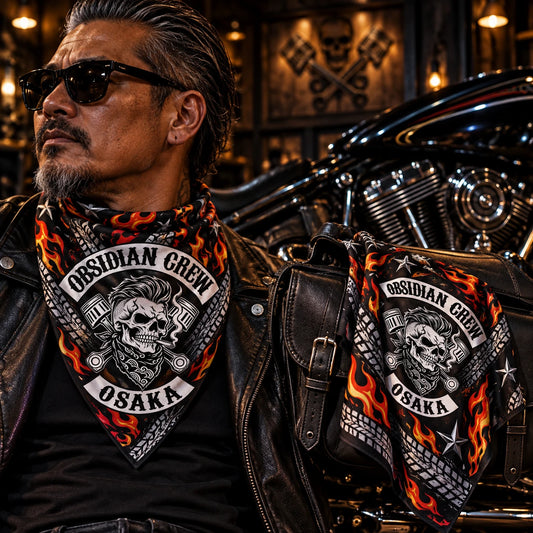 Bright full-color head/neck use, no equipment using a fold-aware layout with the authorized motorcycle club emblem kept visible in real use.
