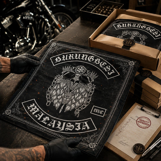 Custom motorcycle club bandana featuring the authorized BurungBesi MC identity in final quality approval and careful packing of a finished custom bandana in a professional workshop.
