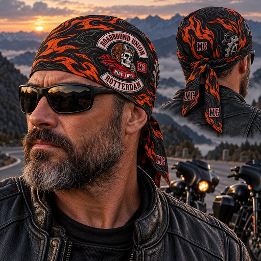 Rider wearing fitted headwrap from front and rear three-quarter view using a fold-aware layout with the authorized motorcycle club emblem kept visible in real use.