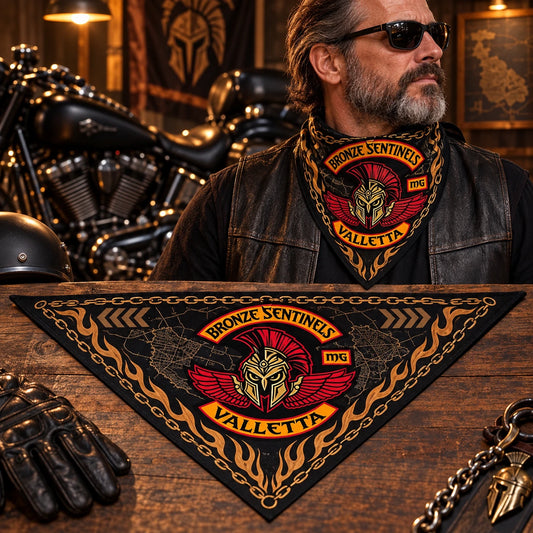 Pre-cut triangle worn at the neck and shown flat using a fold-aware layout with the authorized motorcycle club emblem kept visible in real use.