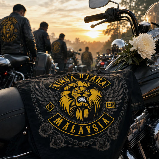 Custom motorcycle club bandana featuring the authorized Singa Utara identity in solemn dawn memorial ride assembly, folded commemorative bandana on a motorcycle seat with riders softly behind.