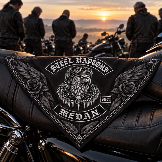 Quiet dawn lineup using a fold-aware layout with the authorized motorcycle club emblem kept visible in real use.