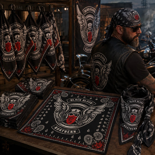 Custom motorcycle club bandana featuring the authorized @BLACK BLOOD NORTHERN identity in club merchandise booth with distinct bandanas folded, hung and worn, all carrying only the assigned identity.