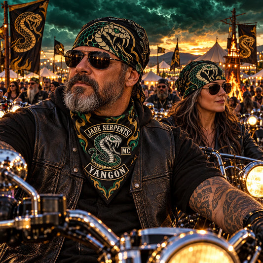 Crowd scene with varied wearing styles using a fold-aware layout with the authorized motorcycle club emblem kept visible in real use.