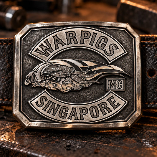 Custom motorcycle club belt buckle with solid sculpted metalwork built around an authorized club logo.
