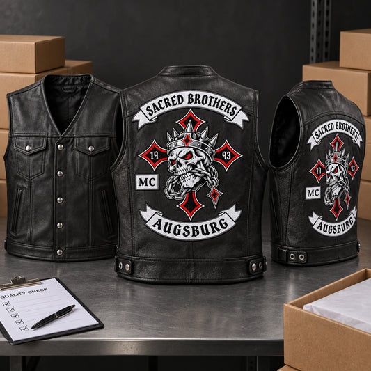 Finished black leather motorcycle club biker cuts prepared for inspection and worldwide shipping.
