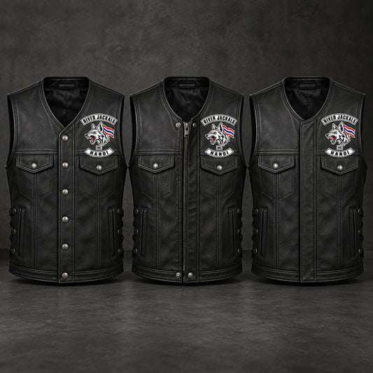 Motorcycle club black leather biker cuts showing snap, zipper and covered-placket closure options.