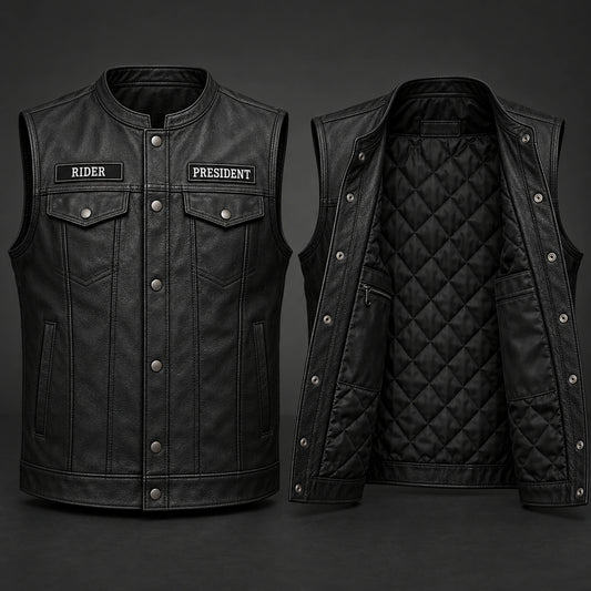 Motorcycle club black leather biker cut showing fit, lining and practical pocket construction.