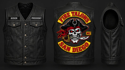 Motorcycle club black leather biker cut shown from multiple angles with an authorized Club Colors layout.