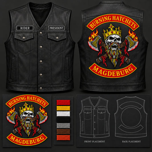 Motorcycle club black leather club cut with authorized design proof and customization samples.