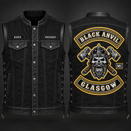 Side-lace motorcycle club biker cut with black denim and leather trim.