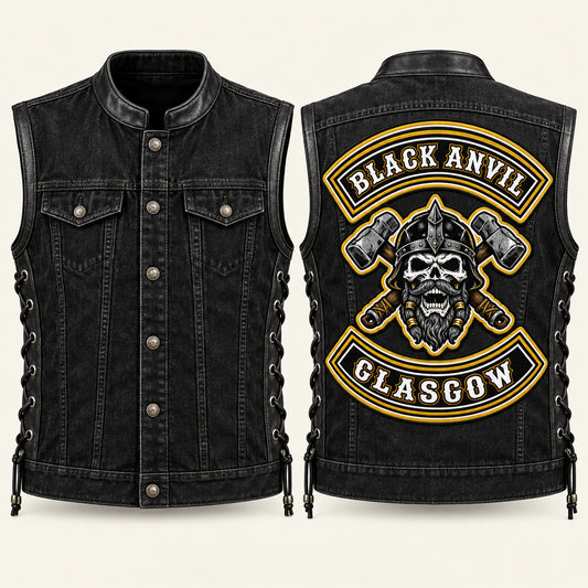 Side-lace motorcycle club biker cut with black denim and leather trim.