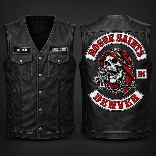 Traditional black leather biker cut with an authorized motorcycle club emblem.