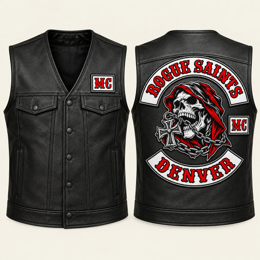 Traditional black leather biker cut with an authorized motorcycle club emblem.