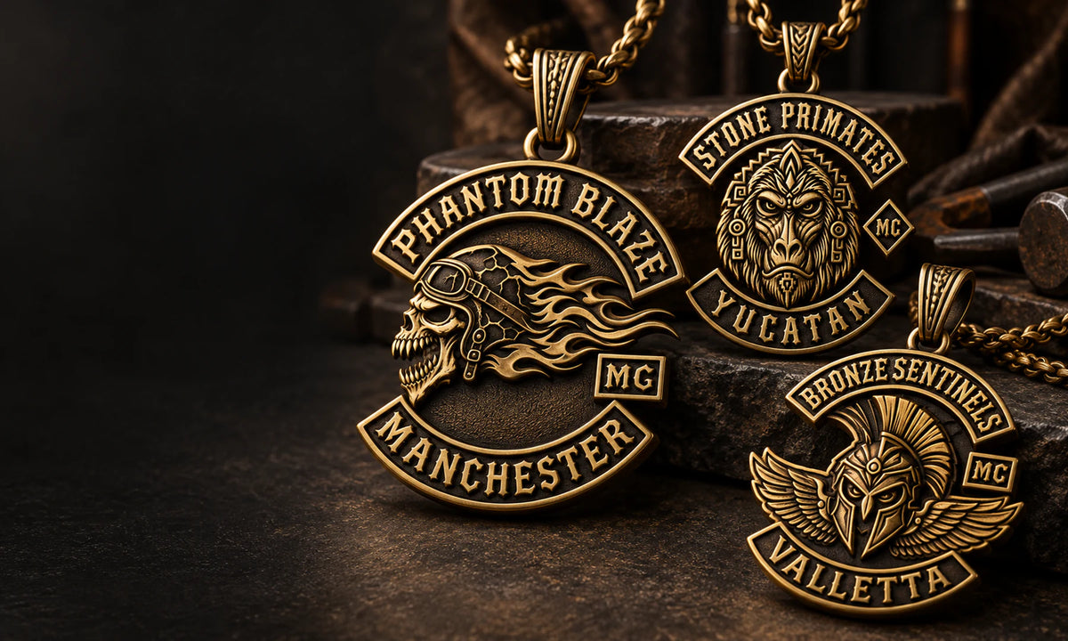 Custom solid brass motorcycle club pendants for desktop hero.