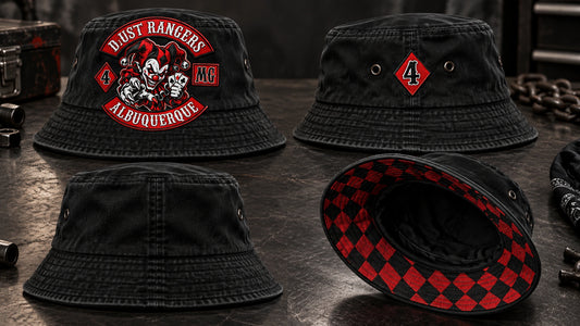 Custom motorcycle club bucket hat shown from four angles with approved artwork placement.