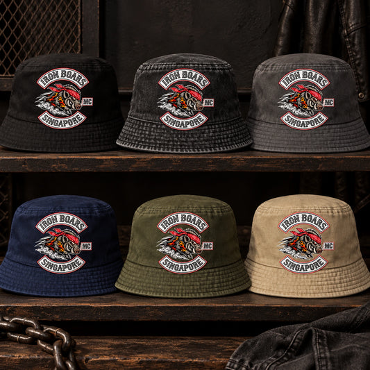 Motorcycle club bucket hats in black, charcoal, navy, olive and khaki colors.