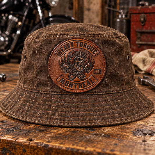 Brown canvas motorcycle club bucket hat with an approved embossed leather patch.