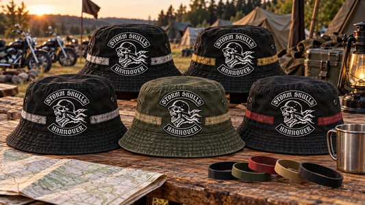 Custom motorcycle club bucket hats prepared for rally weekends and anniversaries.