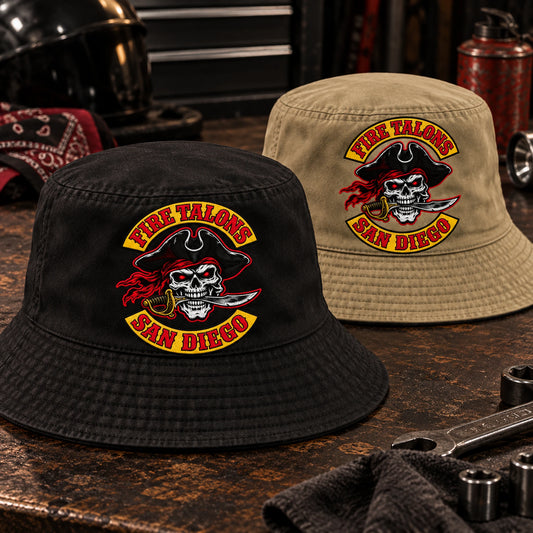Reversible black and khaki motorcycle club bucket hat shown from both finished sides.