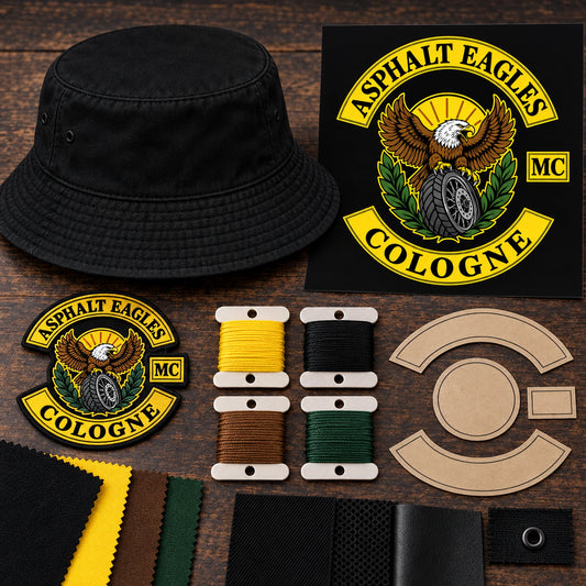 Black bucket hat with approved motorcycle club artwork and design-intake materials.