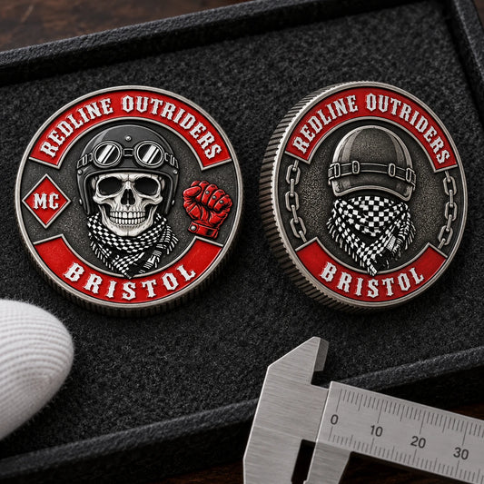 Matching front and back views of a custom motorcycle club challenge coin on a sample approval tray.