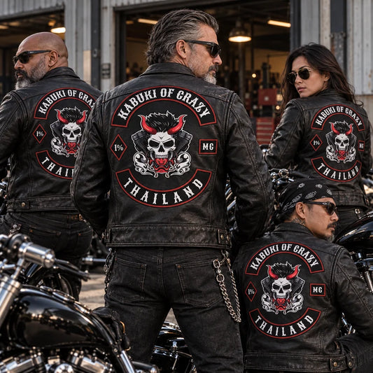 Chapter Orders represented with coordinated custom motorcycle club leather jackets.