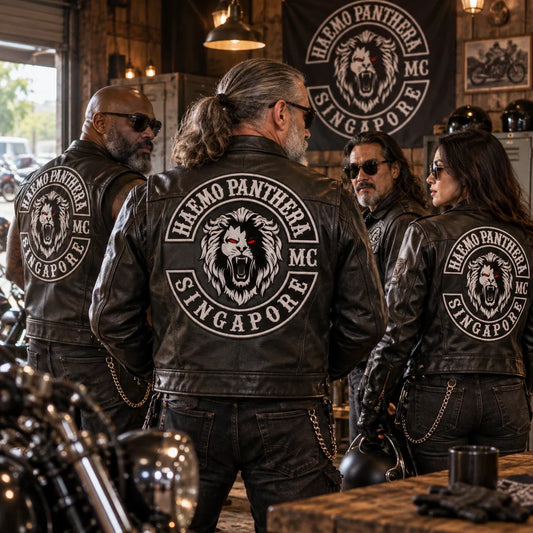 Club Members represented with coordinated custom motorcycle club leather jackets.