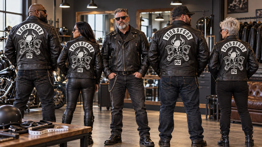Different riders wearing consistently styled custom motorcycle club leather jackets in individual sizes.