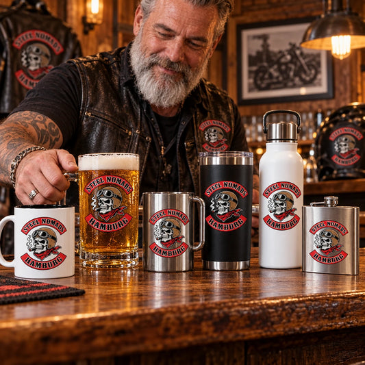 Custom motorcycle club mugs, tumblers, bottles and hip flasks carrying an approved club logo on a clubhouse counter.